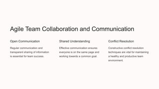 Agile Team Collaboration and Communication
Open Communication
Regular communication and
transparent sharing of information
is essential for team success.
Shared Understanding
Effective communication ensures
everyone is on the same page and
working towards a common goal.
Conflict Resolution
Constructive conflict resolution
techniques are vital for maintaining
a healthy and productive team
environment.
 