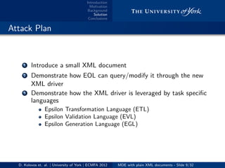Introduction
Motivation
Background
Solution
Conclusions
.. Attack Plan
...1 Introduce a small XML document
...2 Demonstrate how EOL can query/modify it through the new
XML driver
...3 Demonstrate how the XML driver is leveraged by task speciﬁc
languages
Epsilon Transformation Language (ETL)
Epsilon Validation Language (EVL)
Epsilon Generation Language (EGL)
D. Kolovos et. al. | University of York | ECMFA 2012 MDE with plain XML documents - Slide 9/32
 