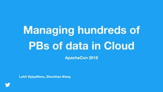 Managing hundreds of
PBs of data in Cloud
ApacheCon 2019
Lohit VijayaRenu, Zhenzhao Wang
 