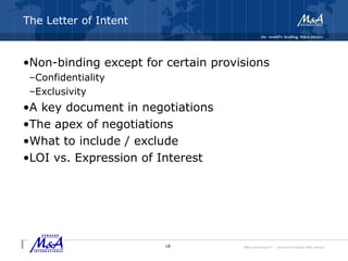 M&A International™ – the world's leading M&A alliance
The Letter of Intent
•Non-binding except for certain provisions
–Confidentiality
–Exclusivity
•A key document in negotiations
•The apex of negotiations
•What to include / exclude
•LOI vs. Expression of Interest
18
 