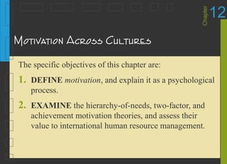 Chapter
12
Motivation Across Cultures
The specific objectives of this chapter are:
1. DEFINE motivation, and explain it as a psychological
process.
2. EXAMINE the hierarchy-of-needs, two-factor, and
achievement motivation theories, and assess their
value to international human resource management.
 