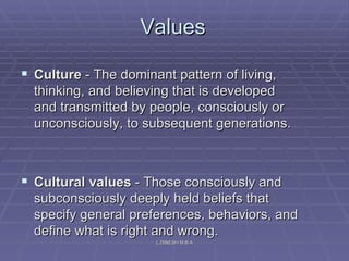 Values Culture  - The dominant pattern of living, thinking, and believing that is developed and transmitted by people, consciously or unconsciously, to subsequent generations.  Cultural values  - Those consciously and subconsciously deeply held beliefs that specify general preferences, behaviors, and define what is right and wrong.  L.DINESH M.B.A 
