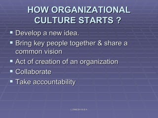HOW ORGANIZATIONAL CULTURE STARTS ?   Develop a new idea.  Bring key people together & share a common vision  Act of creation of an organization  Collaborate  Take accountability  L.DINESH M.B.A 