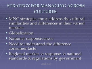 STRATEGY FOR MANAGING ACROSS CULTURES   MNC strategies must address the cultural similarities and differences in their varied markets  Globalization  National responsiveness Need to understand the difference consumer taste Regional market -> response -> national standards & regulations by government   L.DINESH M.B.A 