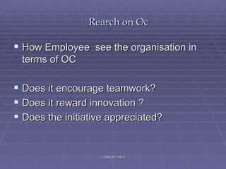 Rearch on Oc How Employee  see the organisation in terms of OC Does it encourage teamwork? Does it reward innovation ? Does the initiative appreciated? L.DINESH M.B.A 