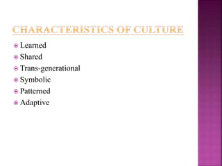  Learned
 Shared
 Trans-generational
 Symbolic
 Patterned
 Adaptive
 