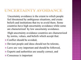 Uncertainty avoidance is the extent to which people
feel threatened by ambiguous situations, and create
beliefs and institutions that try to avoid them. Some
countries have high uncertainty avoidance while some
are characterized by low uncertainty avoidance.
High uncertainty avoidance countries are characterized
by norms, values, and beliefs which accept that:
 Conflict should be avoided,
 Deviant people and ideas should not be tolerate,
 Laws are very important and should be followed,
 Experts and authorities are usually correct, and
 Consensus is important
 