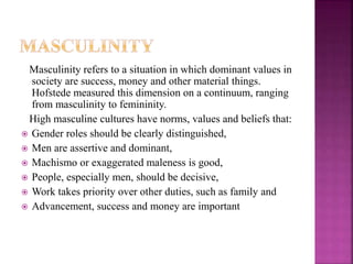 Masculinity refers to a situation in which dominant values in
society are success, money and other material things.
Hofstede measured this dimension on a continuum, ranging
from masculinity to femininity.
High masculine cultures have norms, values and beliefs that:
 Gender roles should be clearly distinguished,
 Men are assertive and dominant,
 Machismo or exaggerated maleness is good,
 People, especially men, should be decisive,
 Work takes priority over other duties, such as family and
 Advancement, success and money are important
 