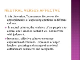 In this dimension, Trompenaars focuses on the
appropriateness of expressing emotions in different
cultures.
 In neutral cultures, the tendency of the people is to
control one’s emotion so that it will not interfere
with judgment.
 In contrast, affective cultures encourage
expressions of emotions. Expression of anger,
laughter, gesturing and a range of emotional
outbursts are considered and acceptable.
 