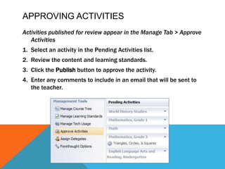 Approving ActivitiesActivities published for review appear in the Manage Tab >Approve ActivitiesSelect an activity in the Pending Activities list.Review the content and learning standards.Click thePublishbutton to approve the activity.Enter any comments to include in an email that will be sent to the teacher.
