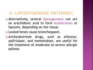  Alternatively, several lipoxygenases can act
on arachidonic acid to form leukotrienes or
lipoxins, depending on the tissue.
 Leukotrienes cause bronchospasm.
 Antileukotriene drugs, such as zileuton,
zafirlukast, and montelukast, are useful for
the treatment of moderate to severe allergic
asthma
 