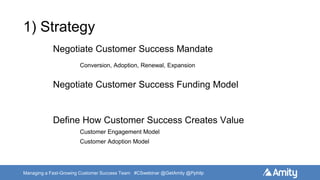 Managing a Fast-Growing Customer Success Team #CSwebinar @GetAmity @Pphilp
1) Strategy
Negotiate Customer Success Mandate
Define How Customer Success Creates Value
Customer Engagement Model
Customer Adoption Model
Negotiate Customer Success Funding Model
Conversion, Adoption, Renewal, Expansion
 