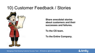 Managing a Fast-Growing Customer Success Team #CSwebinar @GetAmity @Pphilp
10) Customer Feedback / Stories
Share anecdotal stories
about customers and their
successes and failures.
To the CS team.
To the Entire Company.
 