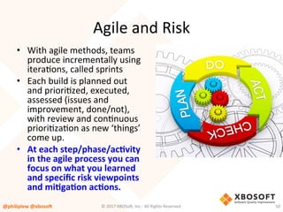 Agile	and	Risk	
•  With	agile	methods,	teams	
produce	incrementally	using	
iteraVons,	called	sprints	
•  Each	build	is	planned	out	
and	prioriVzed,	executed,	
assessed	(issues	and	
improvement,	done/not),	
with	review	and	conVnuous	
prioriVzaVon	as	new	‘things’	
come	up.	
•  At	each	step/phase/acQvity	
in	the	agile	process	you	can	
focus	on	what	you	learned	
and	speciﬁc	risk	viewpoints	
and	miQgaQon	acQons.	
@philiplew	@xboso,	 50	©	2017	XBOSo4,	Inc.-	All	Rights	Reserved.		
 