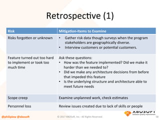 Risk	 MiQgaQon-Items	to	Examine	
Risks	forgouen	or	unknown	 •  Gather	risk	data	though	surveys	when	the	program	
stakeholders	are	geographically	diverse.		
•  Interview	customers	or	potenVal	customers.		
Feature	turned	out	too	hard	
to	implement	or	took	too	
much	Vme	
Ask	these	quesVons:	
•  How	was	the	feature	implemented?	Did	we	make	it	
harder	than	we	needed	to?	
•  Did	we	make	any	architecture	decisions	from	before	
that	impeded	this	feature	
•  Is	the	underlying	structure	and	architecture	able	to	
meet	future	needs	
	
Scope	creep	 Examine	unplanned	work,	check	esVmates	
Personnel	loss	 Review	issues	created	due	to	lack	of	skills	or	people	
RetrospecVve	(1)	
@philiplew	@xboso,	 58	©	2017	XBOSo4,	Inc.-	All	Rights	Reserved.		
 