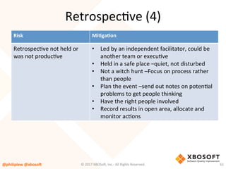 Risk	 MiQgaQon	
RetrospecVve	not	held	or	
was	not	producVve	
•  Led	by	an	independent	facilitator,	could	be	
another	team	or	execuVve	
•  Held	in	a	safe	place	–quiet,	not	disturbed	
•  Not	a	witch	hunt	–Focus	on	process	rather	
than	people	
•  Plan	the	event	–send	out	notes	on	potenVal	
problems	to	get	people	thinking	
•  Have	the	right	people	involved	
•  Record	results	in	open	area,	allocate	and	
monitor	acVons	
RetrospecVve	(4)	
@philiplew	@xboso,	 61	©	2017	XBOSo4,	Inc.-	All	Rights	Reserved.		
 