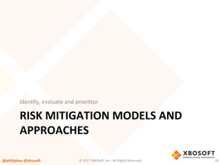 RISK	MITIGATION	MODELS	AND	
APPROACHES	
IdenVfy,	evaluate	and	prioriVze	
@philiplew	@xboso,	 69	©	2017	XBOSo4,	Inc.-	All	Rights	Reserved.		
 