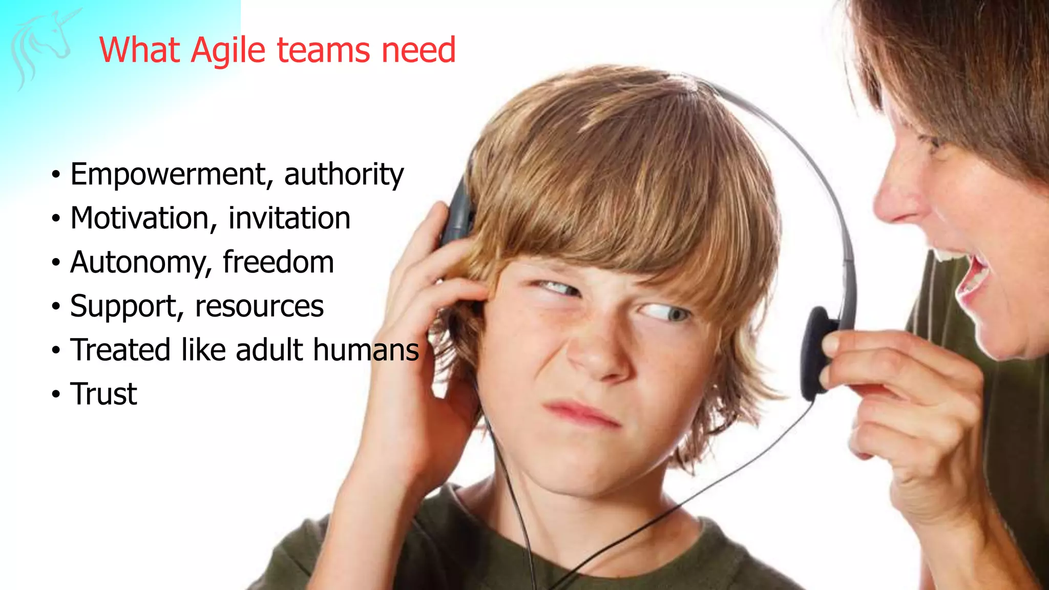 What Agile teams need
• Empowerment, authority
• Motivation, invitation
• Autonomy, freedom
• Support, resources
• Treated like adult humans
• Trust
 