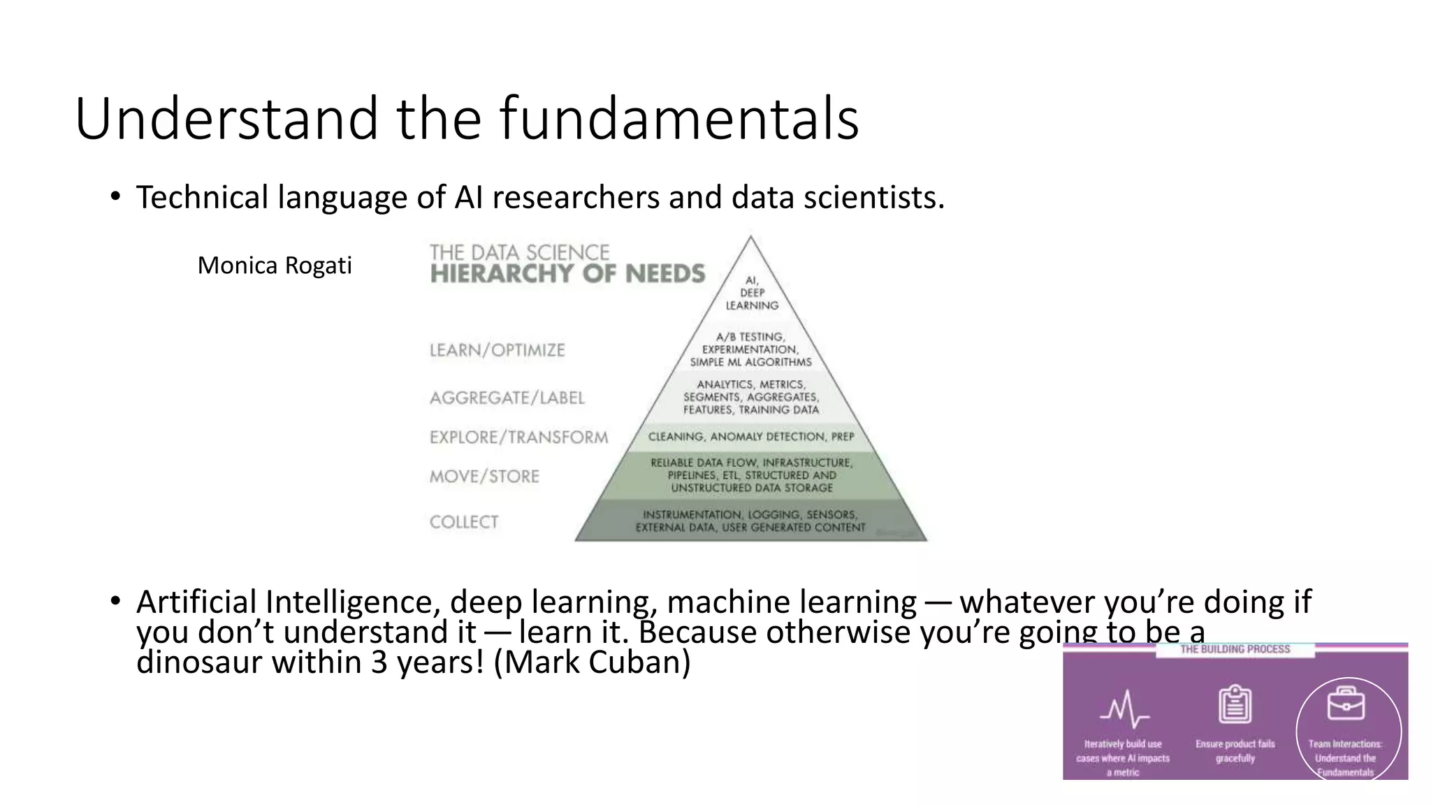 • Technical language of AI researchers and data scientists.
• Artificial Intelligence, deep learning, machine learning — whatever you’re doing if
you don’t understand it — learn it. Because otherwise you’re going to be a
dinosaur within 3 years! (Mark Cuban)
Understand the fundamentals
Monica Rogati
 