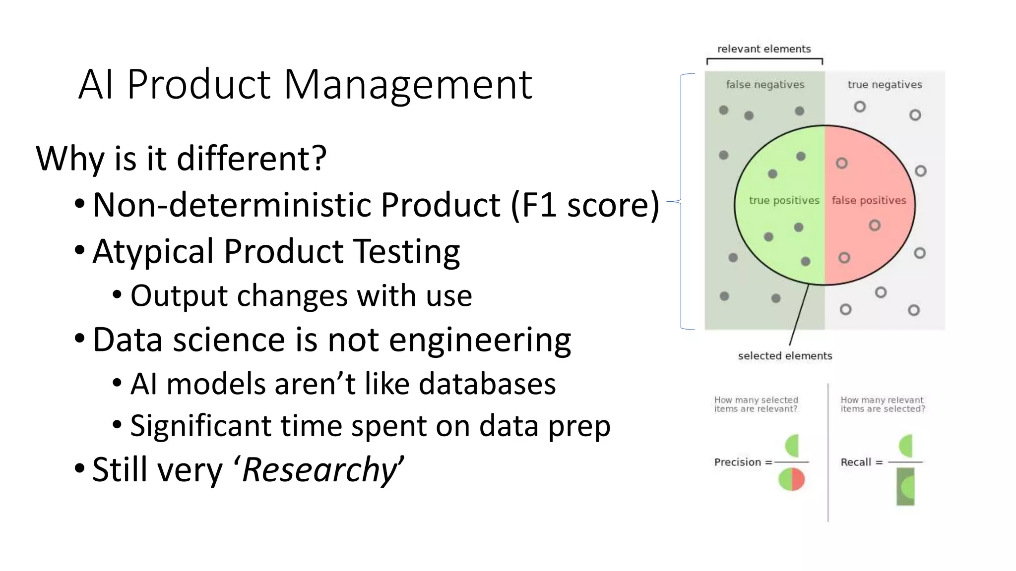 AI Product Management
Why is it different?
•Non-deterministic Product (F1 score)
•Atypical Product Testing
• Output changes with use
•Data science is not engineering
• AI models aren’t like databases
• Significant time spent on data prep
•Still very ‘Researchy’
 