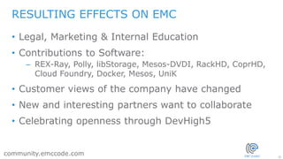 25
community.emccode.com
• Legal, Marketing & Internal Education
• Contributions to Software:
– REX-Ray, Polly, libStorage, Mesos-DVDI, RackHD, CoprHD,
Cloud Foundry, Docker, Mesos, UniK
• Customer views of the company have changed
• New and interesting partners want to collaborate
• Celebrating openness through DevHigh5
RESULTING EFFECTS ON EMC
 