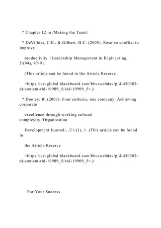 * Chapter 12 in /Making the Team/
* DeVilbiss, C.E., & Gilbert, D.C. (2005). Resolve conflict to
improve
productivity. /Leadership Management in Engineering,
5/(94), 87-91.
(This article can be found in the Article Reserve
<https://csuglobal.blackboard.com/bbcswebdav/pid-450303-
dt-content-rid-19909_5/xid-19909_5>.)
* Dooley, R. (2003). Four cultures, one company: Achieving
corporate
excellence through working cultural
complexity./Organization
Development Journal/, /21/(1), 1. (This article can be found
in
the Article Reserve
<https://csuglobal.blackboard.com/bbcswebdav/pid-450303-
dt-content-rid-19909_5/xid-19909_5>.)
For Your Success
 