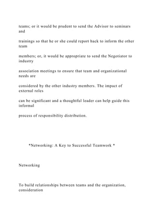 teams; or it would be prudent to send the Advisor to seminars
and
trainings so that he or she could report back to inform the other
team
members; or, it would be appropriate to send the Negotiator to
industry
association meetings to ensure that team and organizational
needs are
considered by the other industry members. The impact of
external roles
can be significant and a thoughtful leader can help guide this
informal
process of responsibility distribution.
*Networking: A Key to Successful Teamwork *
Networking
To build relationships between teams and the organization,
consideration
 