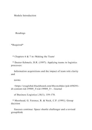 Module Introduction
Readings
*Required*
* Chapters 6 & 7 in /Making the Team/
* Deeter-Schmelz, D.R. (1997). Applying teams to logistics
processes:
Information acquisitions and the impact of team role clarity
and
norms
<https://csuglobal.blackboard.com/bbcswebdav/pid-450291-
dt-content-rid-19909_5/xid-19909_5>. /Journal
of Business Logistics/,18(1), 159-178.
* Moorhead, G. Ference, R. & Neck, C.P. (1991). Group
decision
fiascoes continue: Space shuttle challenger and a revised
groupthink
 