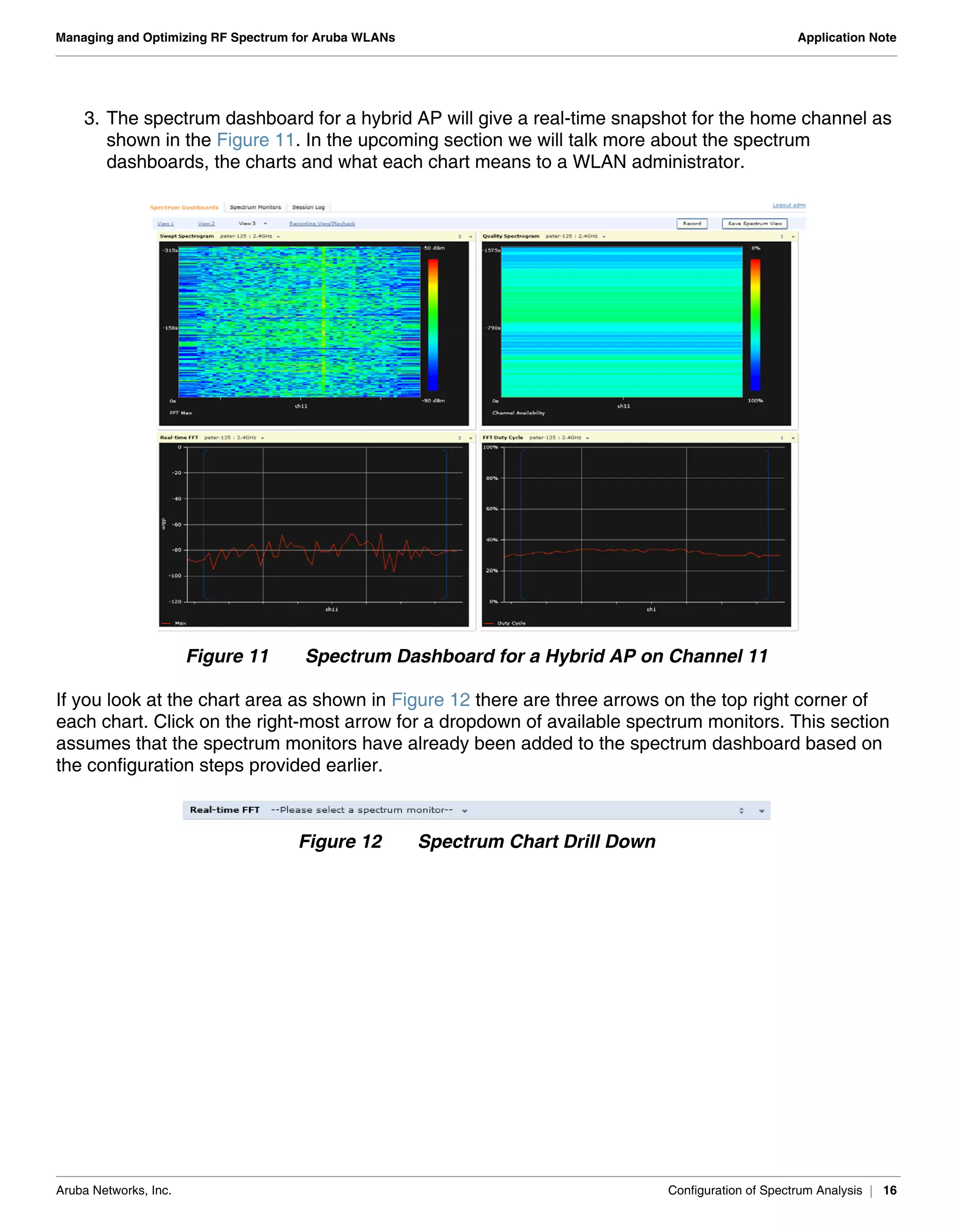 Aruba Networks, Inc. Configuration of Spectrum Analysis | 16
Managing and Optimizing RF Spectrum for Aruba WLANs Application Note
3. The spectrum dashboard for a hybrid AP will give a real-time snapshot for the home channel as
shown in the Figure 11. In the upcoming section we will talk more about the spectrum
dashboards, the charts and what each chart means to a WLAN administrator.
Figure 11 Spectrum Dashboard for a Hybrid AP on Channel 11
If you look at the chart area as shown in Figure 12 there are three arrows on the top right corner of
each chart. Click on the right-most arrow for a dropdown of available spectrum monitors. This section
assumes that the spectrum monitors have already been added to the spectrum dashboard based on
the configuration steps provided earlier.
Figure 12 Spectrum Chart Drill Down
 