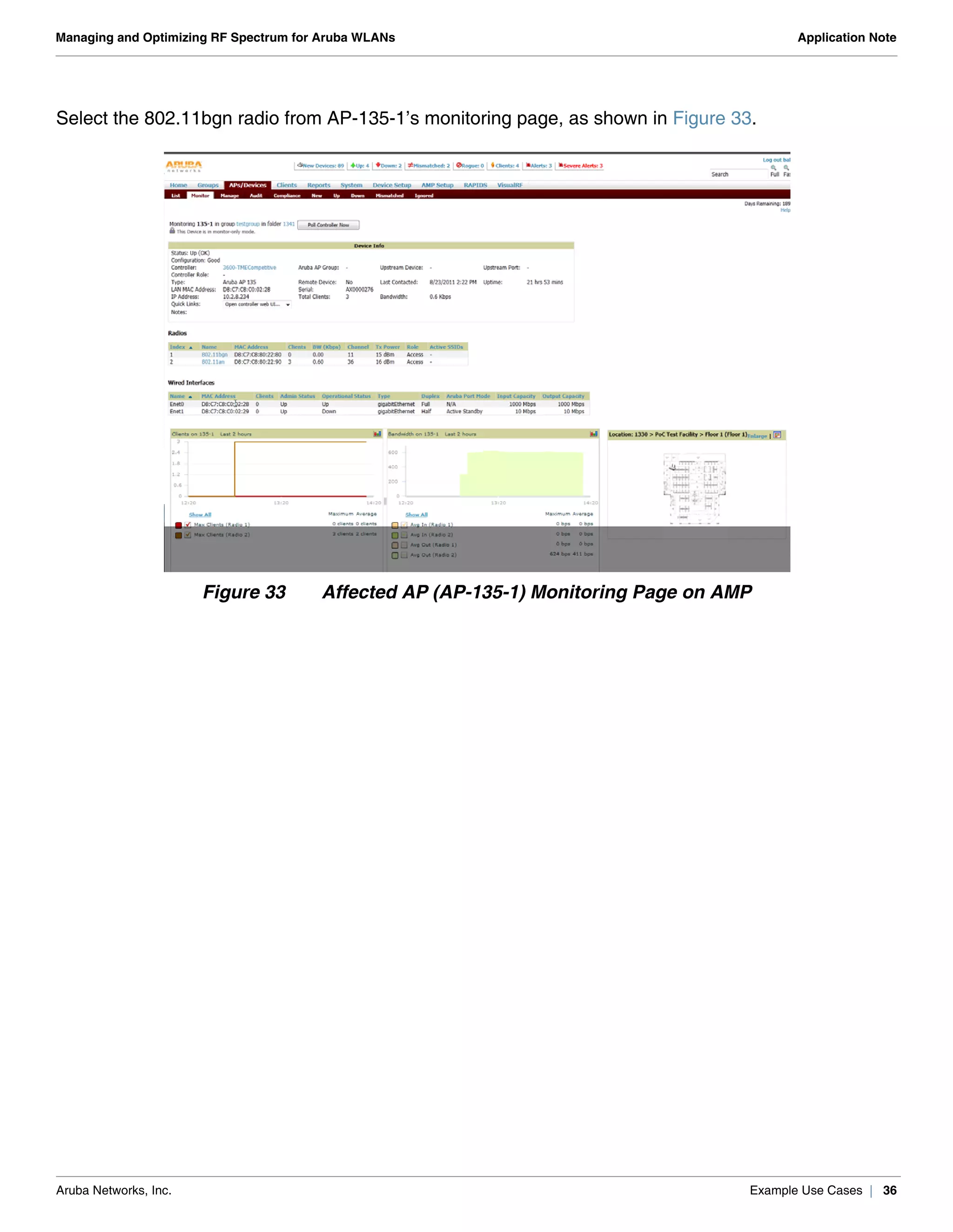 Aruba Networks, Inc. Example Use Cases | 36
Managing and Optimizing RF Spectrum for Aruba WLANs Application Note
Select the 802.11bgn radio from AP-135-1’s monitoring page, as shown in Figure 33.
Figure 33 Affected AP (AP-135-1) Monitoring Page on AMP
 