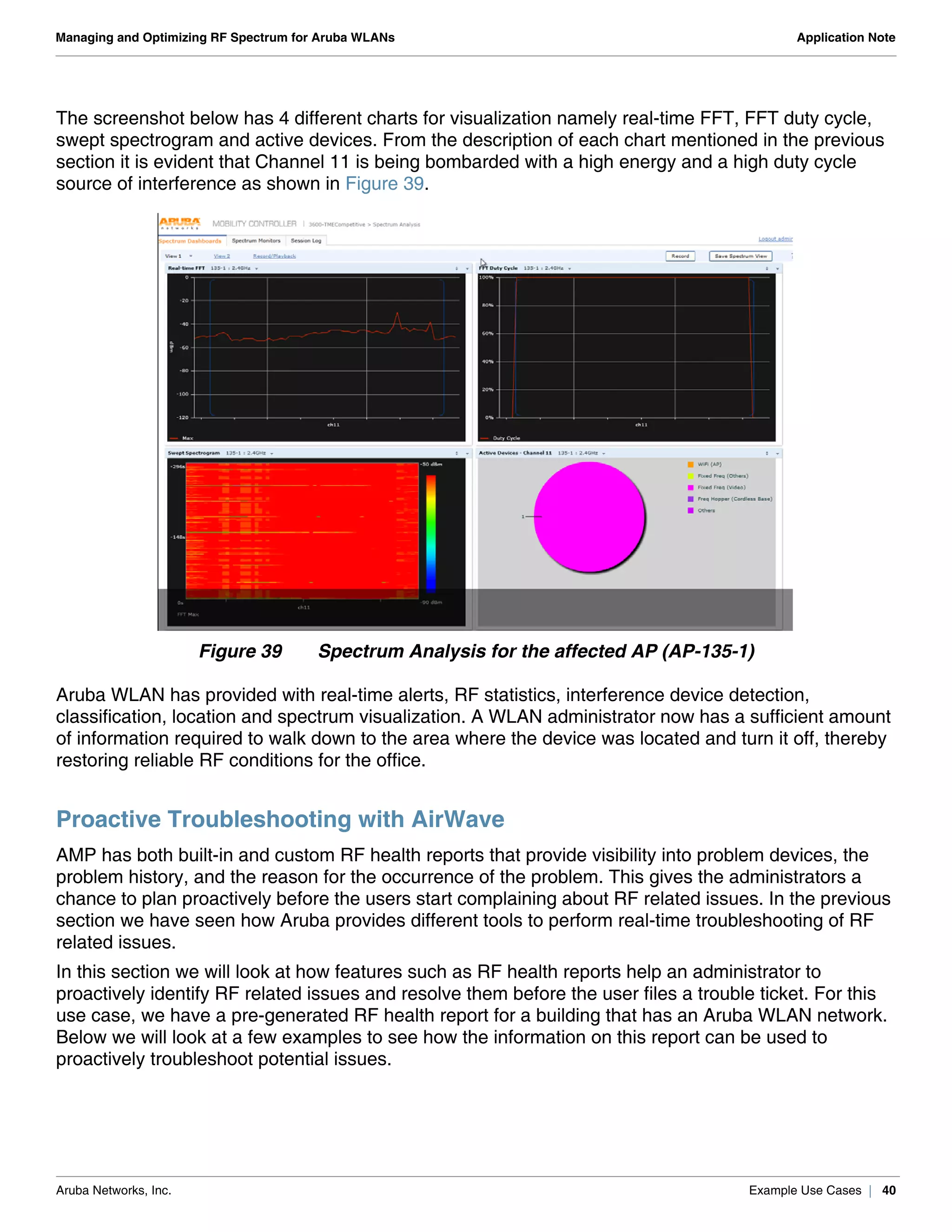Aruba Networks, Inc. Example Use Cases | 40
Managing and Optimizing RF Spectrum for Aruba WLANs Application Note
The screenshot below has 4 different charts for visualization namely real-time FFT, FFT duty cycle,
swept spectrogram and active devices. From the description of each chart mentioned in the previous
section it is evident that Channel 11 is being bombarded with a high energy and a high duty cycle
source of interference as shown in Figure 39.
Figure 39 Spectrum Analysis for the affected AP (AP-135-1)
Aruba WLAN has provided with real-time alerts, RF statistics, interference device detection,
classification, location and spectrum visualization. A WLAN administrator now has a sufficient amount
of information required to walk down to the area where the device was located and turn it off, thereby
restoring reliable RF conditions for the office.
Proactive Troubleshooting with AirWave
AMP has both built-in and custom RF health reports that provide visibility into problem devices, the
problem history, and the reason for the occurrence of the problem. This gives the administrators a
chance to plan proactively before the users start complaining about RF related issues. In the previous
section we have seen how Aruba provides different tools to perform real-time troubleshooting of RF
related issues.
In this section we will look at how features such as RF health reports help an administrator to
proactively identify RF related issues and resolve them before the user files a trouble ticket. For this
use case, we have a pre-generated RF health report for a building that has an Aruba WLAN network.
Below we will look at a few examples to see how the information on this report can be used to
proactively troubleshoot potential issues.
 