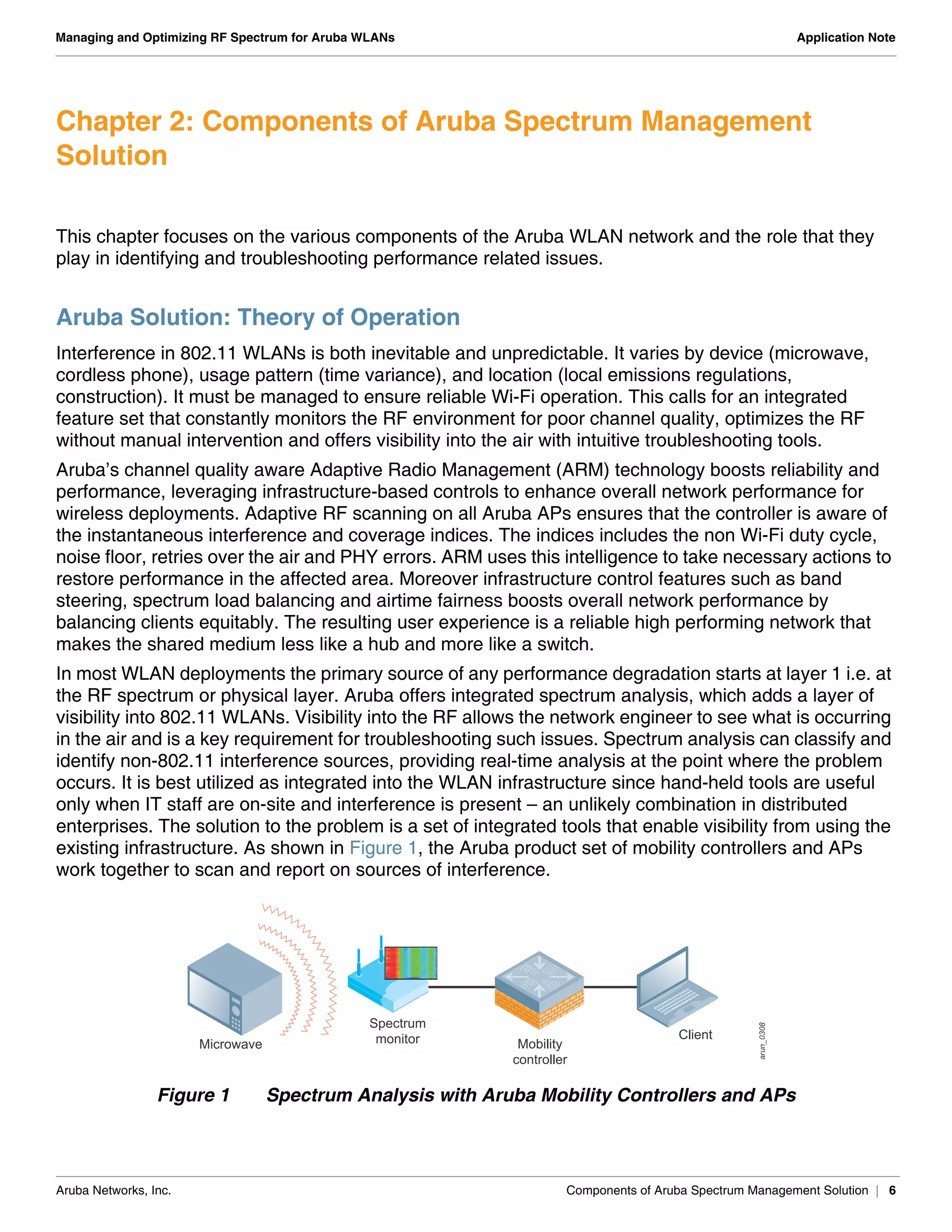 Aruba Networks, Inc. Components of Aruba Spectrum Management Solution | 6
Managing and Optimizing RF Spectrum for Aruba WLANs Application Note
Chapter 2: Components of Aruba Spectrum Management
Solution
This chapter focuses on the various components of the Aruba WLAN network and the role that they
play in identifying and troubleshooting performance related issues.
Aruba Solution: Theory of Operation
Interference in 802.11 WLANs is both inevitable and unpredictable. It varies by device (microwave,
cordless phone), usage pattern (time variance), and location (local emissions regulations,
construction). It must be managed to ensure reliable Wi-Fi operation. This calls for an integrated
feature set that constantly monitors the RF environment for poor channel quality, optimizes the RF
without manual intervention and offers visibility into the air with intuitive troubleshooting tools.
Aruba’s channel quality aware Adaptive Radio Management (ARM) technology boosts reliability and
performance, leveraging infrastructure-based controls to enhance overall network performance for
wireless deployments. Adaptive RF scanning on all Aruba APs ensures that the controller is aware of
the instantaneous interference and coverage indices. The indices includes the non Wi-Fi duty cycle,
noise floor, retries over the air and PHY errors. ARM uses this intelligence to take necessary actions to
restore performance in the affected area. Moreover infrastructure control features such as band
steering, spectrum load balancing and airtime fairness boosts overall network performance by
balancing clients equitably. The resulting user experience is a reliable high performing network that
makes the shared medium less like a hub and more like a switch.
In most WLAN deployments the primary source of any performance degradation starts at layer 1 i.e. at
the RF spectrum or physical layer. Aruba offers integrated spectrum analysis, which adds a layer of
visibility into 802.11 WLANs. Visibility into the RF allows the network engineer to see what is occurring
in the air and is a key requirement for troubleshooting such issues. Spectrum analysis can classify and
identify non-802.11 interference sources, providing real-time analysis at the point where the problem
occurs. It is best utilized as integrated into the WLAN infrastructure since hand-held tools are useful
only when IT staff are on-site and interference is present – an unlikely combination in distributed
enterprises. The solution to the problem is a set of integrated tools that enable visibility from using the
existing infrastructure. As shown in Figure 1, the Aruba product set of mobility controllers and APs
work together to scan and report on sources of interference.
Figure 1 Spectrum Analysis with Aruba Mobility Controllers and APs
arun_0308
Mobility
controller
Client
Spectrum
monitorMicrowave
 