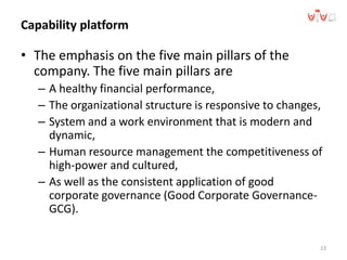Capability platform
23
• The emphasis on the five main pillars of the
company. The five main pillars are
– A healthy financial performance,
– The organizational structure is responsive to changes,
– System and a work environment that is modern and
dynamic,
– Human resource management the competitiveness of
high-power and cultured,
– As well as the consistent application of good
corporate governance (Good Corporate Governance-
GCG).
 