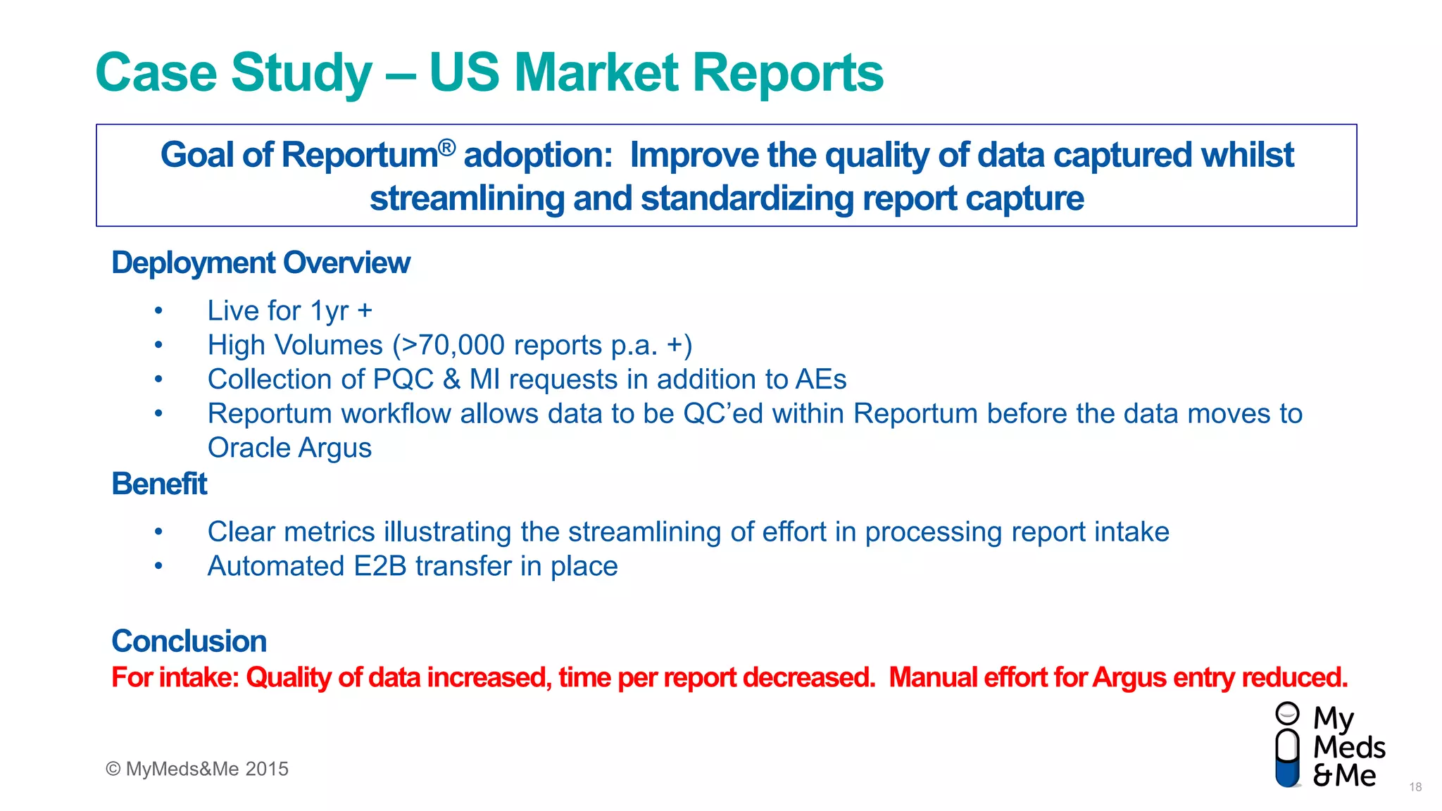 © MyMeds&Me 2015
Case Study – US Market Reports
Deployment Overview
• Live for 1yr +
• High Volumes (>70,000 reports p.a. +)
• Collection of PQC & MI requests in addition to AEs
• Reportum workflow allows data to be QC’ed within Reportum before the data moves to
Oracle Argus
Benefit
• Clear metrics illustrating the streamlining of effort in processing report intake
• Automated E2B transfer in place
Conclusion
For intake: Quality of data increased, time per report decreased. Manual effort forArgus entry reduced.
Goal of Reportum® adoption: Improve the quality of data captured whilst
streamlining and standardizing report capture
18
 
