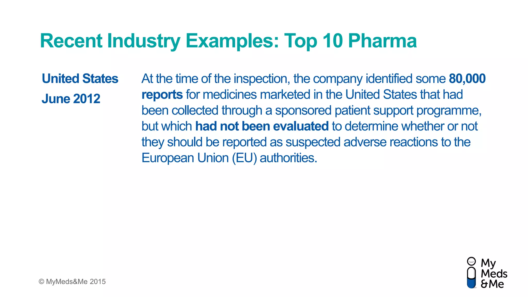 © MyMeds&Me 2015
Recent Industry Examples: Top 10 Pharma
At the time of the inspection, the company identified some 80,000
reports for medicines marketed in the United States that had
been collected through a sponsored patient support programme,
but which had not been evaluated to determine whether or not
they should be reported as suspected adverse reactions to the
European Union (EU) authorities.
United States
June 2012
 