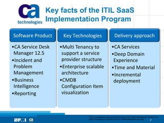 Key facts of the ITIL SaaS
              Implementation Program

Software Product    Key Technologies                           Delivery approach

•CA Service Desk   •Multi Tenancy to                       •CA Services
 Manager 12.5       support a service                      •Deep Domain
•Incident and       provider structure                      Experience
 Problem           •Enterprise scalable                    •Time and Material
 Management         architecture                           •Incremental
•Business          •CMDB                                    deployment
 Intelligence       Configuration Item
•Reporting          visualization



                                “PMI” is a registered trade and service mark of the Project Management Institute, Inc.
                                ©2012 Permission is granted to PMI for PMI® Marketplace use only.         2
 