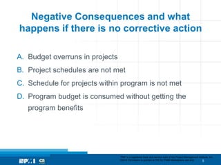 Negative Consequences and what
happens if there is no corrective action

A. Budget overruns in projects
B. Project schedules are not met
C. Schedule for projects within program is not met
D. Program budget is consumed without getting the
   program benefits




                                 “PMI” is a registered trade and service mark of the Project Management Institute, Inc.
                                 ©2012 Permission is granted to PMI for PMI® Marketplace use only.         5
 