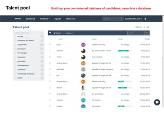 Talent pool Build up your own internal database of candidates, search in a database
 