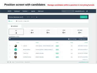 Position screen with candidates Manage candidates within a position in recruiting funnels
 