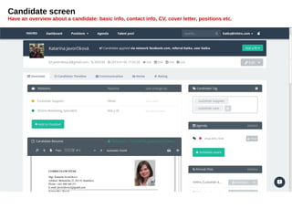 Candidate screen
Have an overview about a candidate: basic info, contact info, CV, cover letter, positions etc.
 
