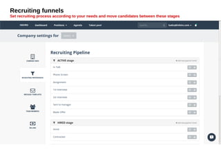 Recruiting funnels
Set recruiting process according to your needs and move candidates between these stages
 