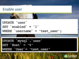 Enable	
  user


UPDATE `user`
SET `enabled` = '1'
WHERE `username` = ‘test_user’;

UPDATE `mysql`.`user`
SET `Host` = ‘%’
WHERE `User`= ‘test_user’
 