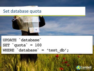 Set	
  database	
  quota




UPDATE `database`
SET `quota` = 100
WHERE `database` = ‘test_db’;
 