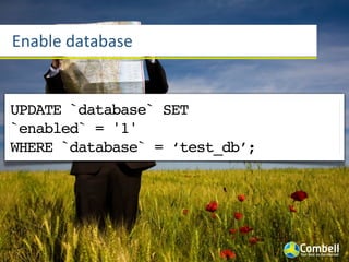 Enable	
  database


UPDATE `database` SET
`enabled` = '1'
WHERE `database` = ‘test_db’;
 