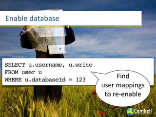 Enable	
  database




SELECT u.username, u.write
FROM user u
WHERE u.databaseId = 123
                                     Find	
  
                             user	
  mappings	
  
                              to	
  re-­‐enable
 