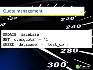 Quota	
  management



UPDATE `database`
SET `overquota` = '1'
WHERE `database` = ‘test_db’;
 