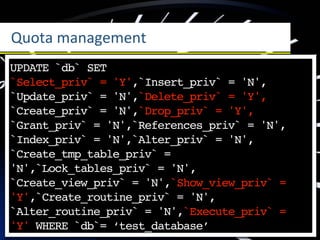 Quota	
  management
UPDATE `db` SET
`Select_priv` = 'Y',`Insert_priv` = 'N',
`Update_priv` = 'N',`Delete_priv` = 'Y',
`Create_priv` = 'N',`Drop_priv` = 'Y',
`Grant_priv` = 'N',`References_priv` = 'N',
`Index_priv` = 'N',`Alter_priv` = 'N',
`Create_tmp_table_priv` =
'N',`Lock_tables_priv` = 'N',
`Create_view_priv` = 'N',`Show_view_priv` =
'Y',`Create_routine_priv` = 'N',
`Alter_routine_priv` = 'N',`Execute_priv` =
'Y' WHERE `db`= ‘test_database’
 