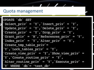 Quota	
  management
UPDATE `db` SET
`Select_priv` = 'Y',`Insert_priv` = 'Y',
`Update_priv` = 'Y',`Delete_priv` = 'Y',
`Create_priv` = 'Y',`Drop_priv` = 'Y',
`Grant_priv` = 'N',`References_priv` = 'Y',
`Index_priv` = 'Y',`Alter_priv` = 'Y',
`Create_tmp_table_priv`=
'Y',`Lock_tables_priv` = 'Y',
`Create_view_priv` = 'Y',`Show_view_priv` =
'Y',`Create_routine_priv` = 'Y',
`Alter_routine_priv` = 'Y',`Execute_priv` =
'Y' WHERE `db`= ‘test_db’
 