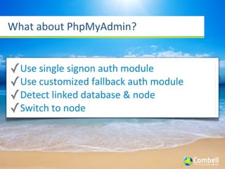 What	
  about	
  PhpMyAdmin?


✓Use	
  single	
  signon	
  auth	
  module
✓Use	
  customized	
  fallback	
  auth	
  module
✓Detect	
  linked	
  database	
  &	
  node
✓Switch	
  to	
  node
 