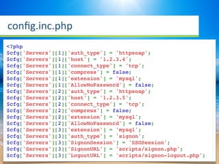 conﬁg.inc.php
<?php
$cfg['Servers'][1]['auth_type'] = 'httpsoap';
$cfg['Servers'][1]['host'] = '1.2.3.4';
$cfg['Servers'][1]['connect_type'] = 'tcp';
$cfg['Servers'][1]['compress'] = false;
$cfg['Servers'][1]['extension'] = 'mysql';
$cfg['Servers'][1]['AllowNoPassword'] = false;
$cfg['Servers'][2]['auth_type'] = 'httpsoap';
$cfg['Servers'][2]['host'] = '1.2.3.5';
$cfg['Servers'][2]['connect_type'] = 'tcp';
$cfg['Servers'][2]['compress'] = false;
$cfg['Servers'][2]['extension'] = 'mysql';
$cfg['Servers'][2]['AllowNoPassword'] = false;
$cfg['Servers'][3]['extension'] = 'mysql';
$cfg['Servers'][3]['auth_type'] = 'signon';
$cfg['Servers'][3]['SignonSession'] = 'SSOSession';
$cfg['Servers'][3]['SignonURL'] = 'scripts/signon.php';
$cfg['Servers'][3]['LogoutURL'] = 'scripts/signon-logout.php';
 